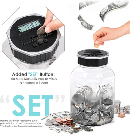 X-Large Piggy Bank for Adults Kids, Vcertcpl Digital Coin Counting Bank with LCD Counter, 2.4L Capacity, Great Coin Counter Bank Money Counting Jar with Total Amount Displayed (Silver, X-Large)