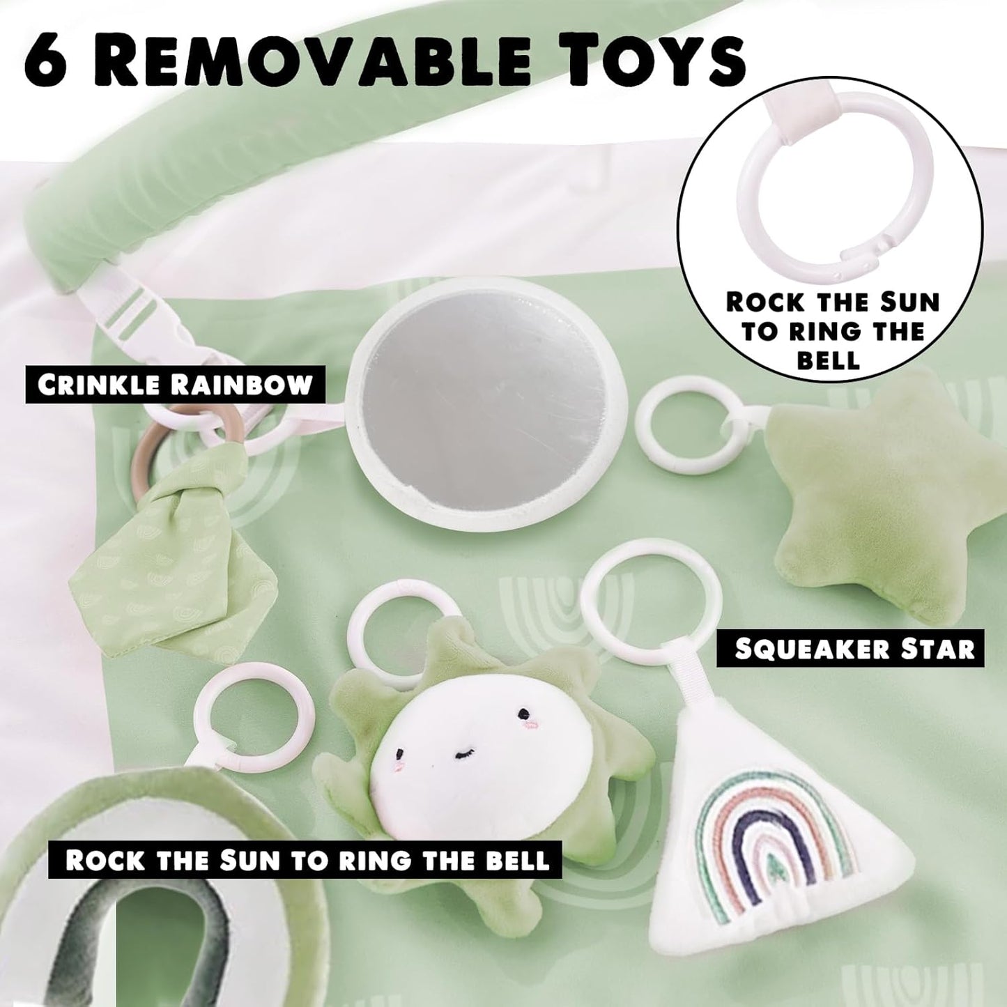 Mallify Washable Tummy Time Mat, Baby Play Gym with 6 Featured Toys, Baby Gym for Infant & Toddler, Larger Baby Play Mat, Deluxe Baby Play Mats for Floor, Sensory and Motor Skill Development, Green