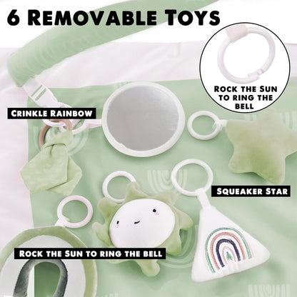Mallify Washable Tummy Time Mat, Baby Play Gym with 6 Featured Toys, Baby Gym for Infant & Toddler, Larger Baby Play Mat, Deluxe Baby Play Mats for Floor, Sensory and Motor Skill Development, Green