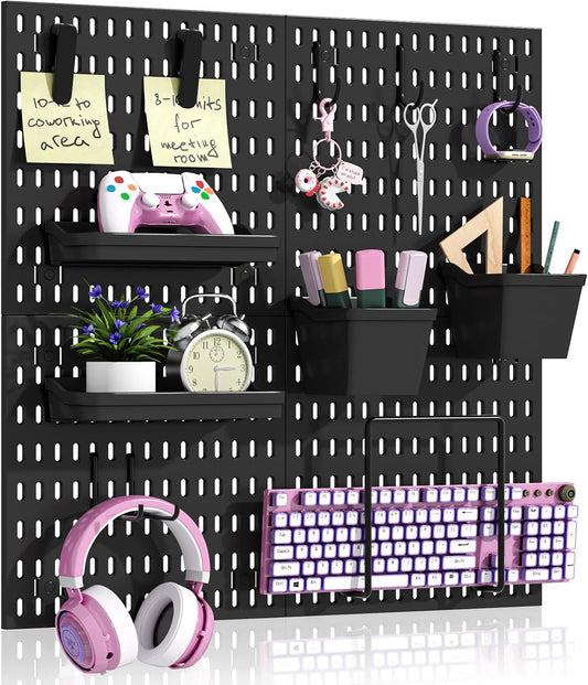 AKTOP Peg Board Wall Organizer 4-Pack – 12"x12" White Pegboard Combination Kit with 13 Accessories for Wall, Plastic Peg Board Panels for Home, Office, Garage Tool Storage & Craft Room