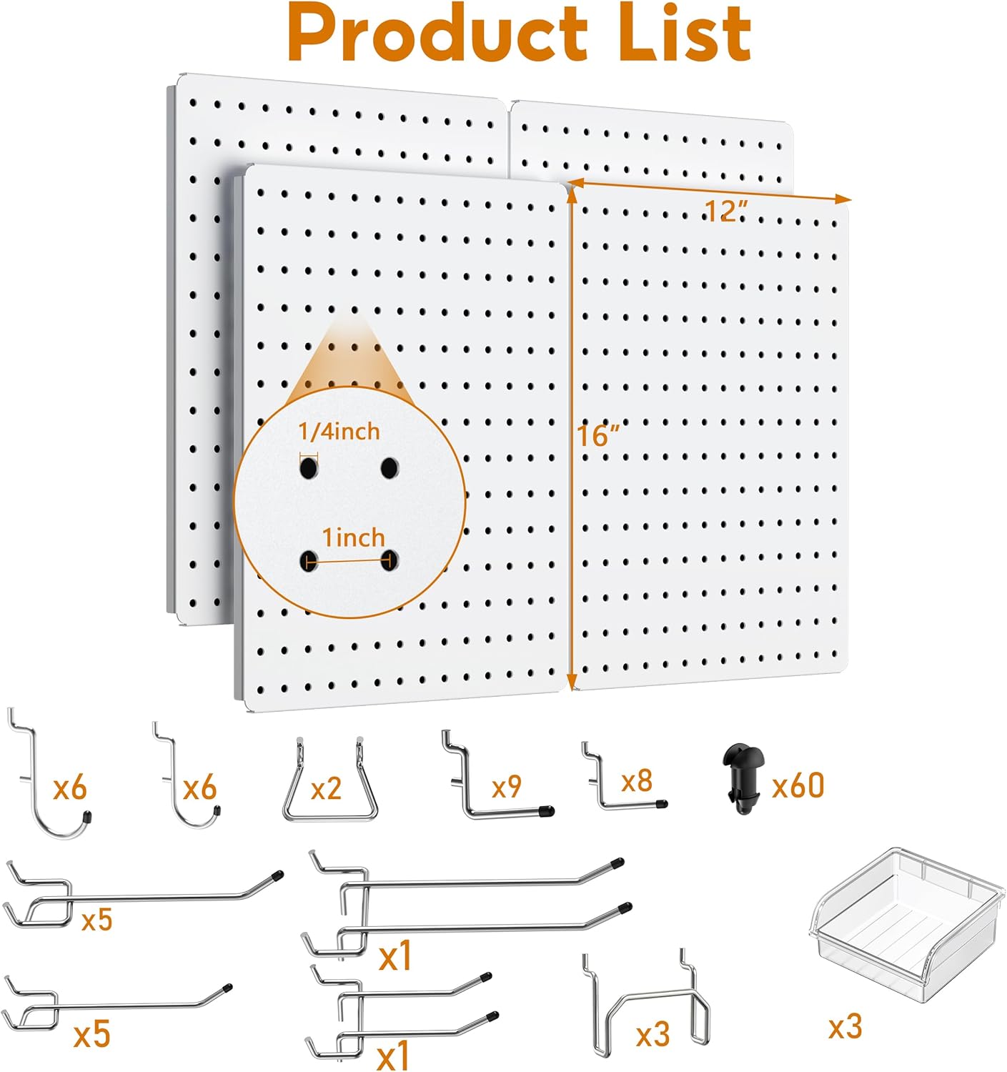 Peg Board, 112PCS Heavy Duty Metal Pegboard with Hooks, 6 Pack Black Peg Board Panels, 60lbs Load Capacity Each, Pegboard Wall Organizer for Garage, Workshop, Kitchen, Craft Rooms