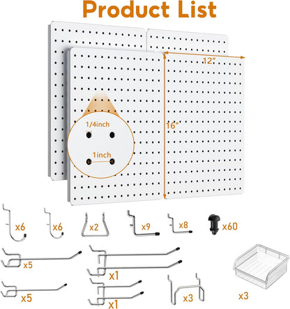 Peg Board, 112PCS Heavy Duty Metal Pegboard with Hooks, 6 Pack Black Peg Board Panels, 60lbs Load Capacity Each, Pegboard Wall Organizer for Garage, Workshop, Kitchen, Craft Rooms