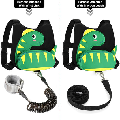 3 in 1 Toddler Harness Leash + Baby Anti Lost Wrist Link, Accmor Cute Dinosaur Child Safety Harness Tether, Kids Walking Wristband Assistant Strap Belt for Parent Boys Outdoor Activity (Black)