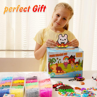 Meland Fuse Beads - 24000pcs Fuse Beads Kit for Kids, 24 Color 5MM Iron Beads Set with 4 Fluorescence Color, 6 Pegboards - Craft Kits Gifts for Birthday Christmas