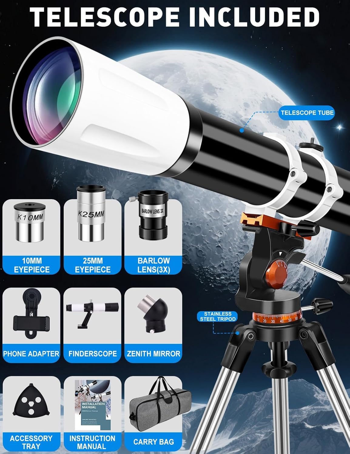 Telescope for Adults High Powered 90mm Aperture 800mm (32X-240X), Refractor Telescopes for Astronomy Beginners with AZ Mount Tripod, Phone Adapter, Carry Bag (80090white)