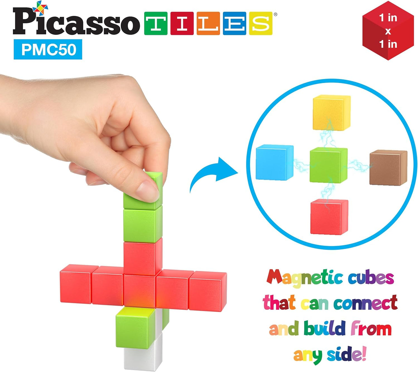 PicassoTiles 60pc Magnetic Puzzle Cube Building Set 1 Inch 3D Blocks STEM Construction Toy for Toddlers Kids Boys Girls Age 3+ Montessori Learning Travel Sensory Gift with Educational Idea Book PMC60