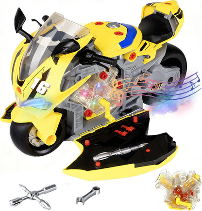 Take Apart Motorcycle Toys Kids Mechanic Repair Set for Toddlers 3-5, Interactive Toy Engine Building Kit with Sounds, Lights & Spray, STEM Educational Gift Toys for 3 4 5 6 7 Year Old Boys Girls
