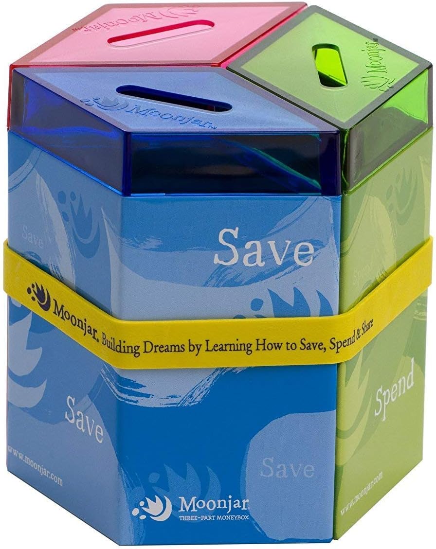 Classic MoonJar Award Winning SAVE SPEND SHARE Educational Tin Toy Bank with Passbook| Moneybox for Children 3+ Years | Teaches Responsible Money Management & Financial Skills