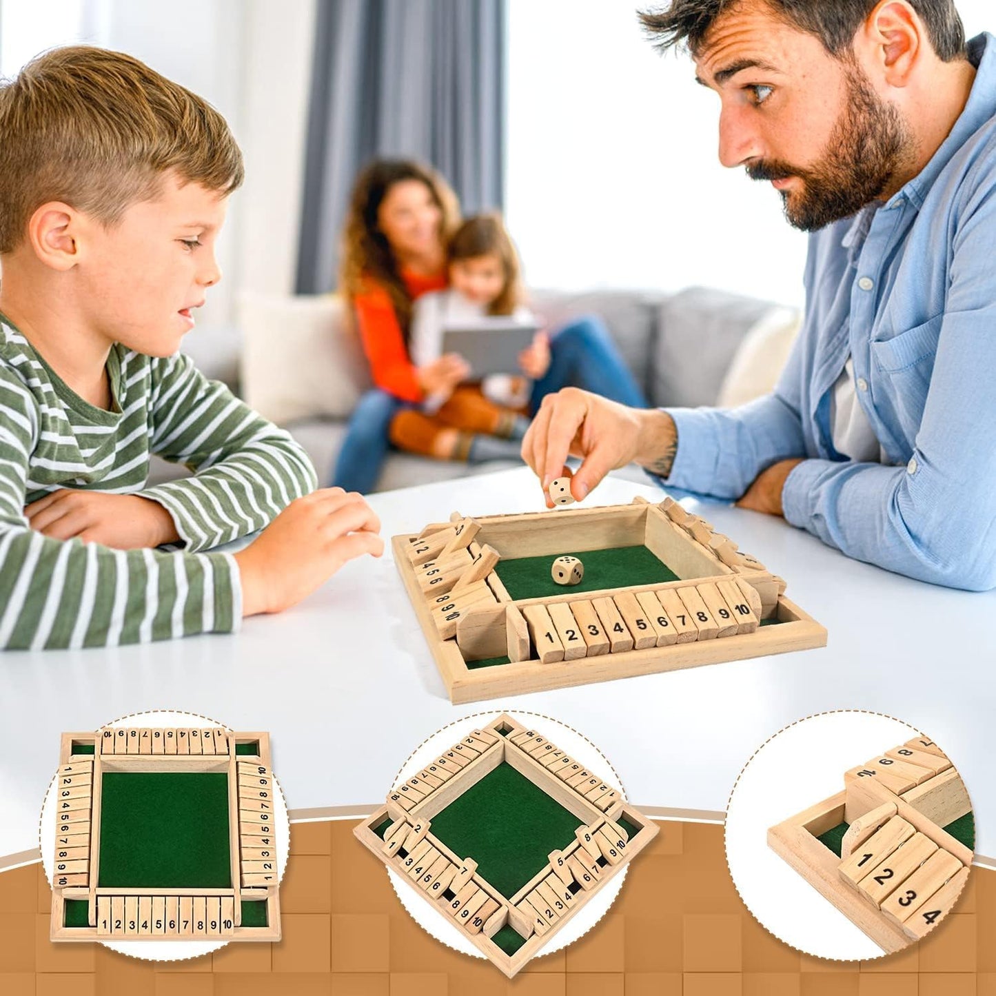 1-4 Players Shut The Box Dice Game, 10 Numbers Traditional Wooden Pub Bar Board Family Table Mat Game Dice for Adults