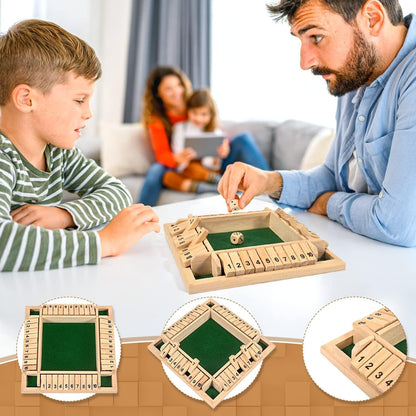 1-4 Players Shut The Box Dice Game, 10 Numbers Traditional Wooden Pub Bar Board Family Table Mat Game Dice for Adults