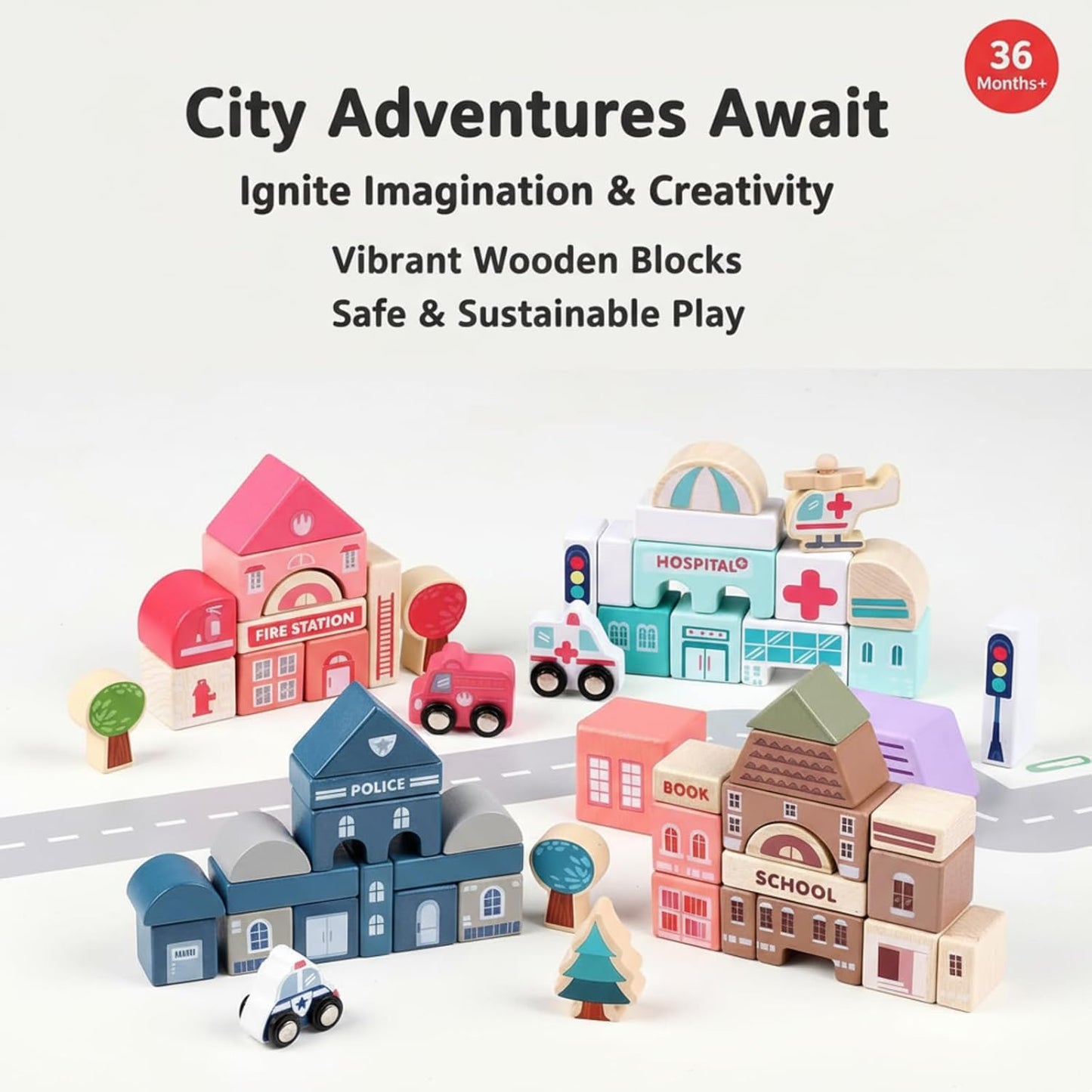 Migargle Wooden Building Blocks Set, City Construction Stacker Stacking Preschool Learning Educational Toys, Toddler Toys for 3+ Year Old Boy and Girl Gifts