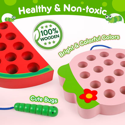 Lacing Toys for Toddlers,Wooden Threading Apple Baby Travel Toys,Montessori Education Sensory Learning Fine Motor Skills, Wooden Block Puzzle Gifts for 3 Year Old Baby Kids Boys Girls