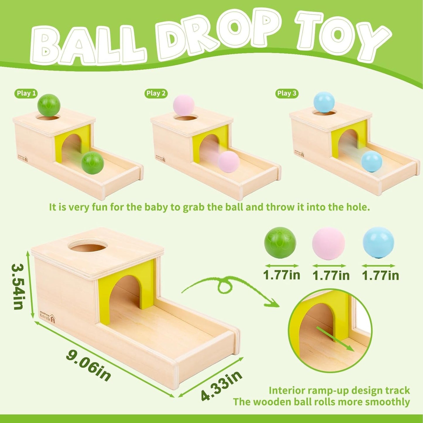Adena Montessori Wooden Toy for 6-12 Month Baby 3 Balls with Tray, Object Permanence Box Colorful Learning Education Toy for Toddler Kid 1-2 Year Old, Preschool Developmental Girl and Boy Gift