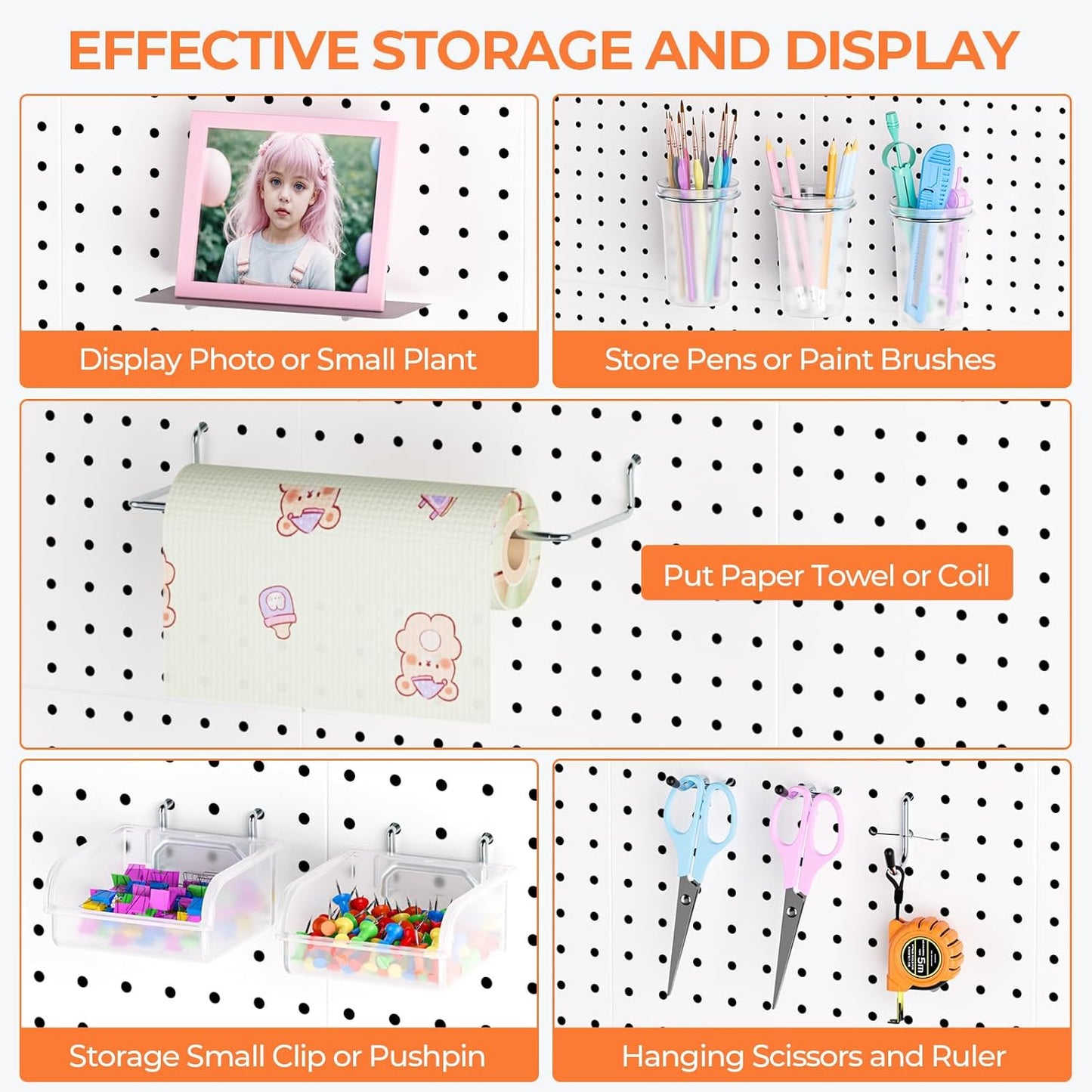 INCLY 70PCS Metal Peg Board Kit with 1/4" Pegboard Accessories, 4 Pack White Pegboard Panels, Bins, Cups and Peg Board Hooks, Paper Towel Holder, Pegboard Wall Organizer for Craft Room, Office, Sewing