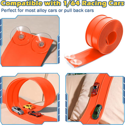 Flex Tracks 15 Ft Starter Set Flexible Race Track for Kids 3+, Flexible Car Track Race Car Ramp Track Compatible with Diecast 1/64th Cars, Portable Rolls Up Race Tracks with Strong Suction Cups