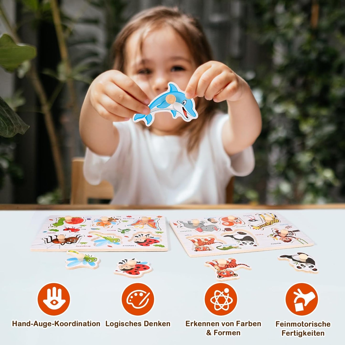 Wooden Peg Puzzles for Toddlers 1-3, 6 PCS Toddler Puzzles Set(Vegetables, Numbers, Fruits, Insects, Sea and Animals), Great Preschool Learning Puzzle Toys for Girls and Boys