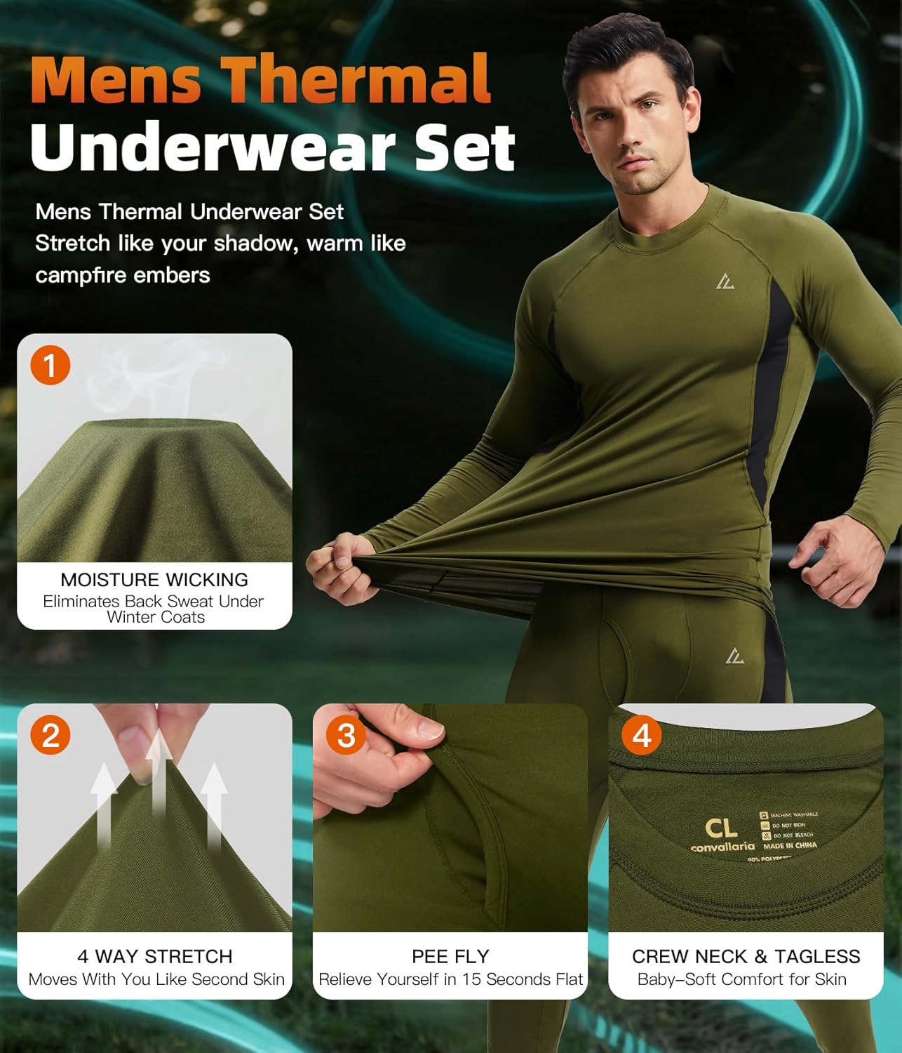 CL convallaria Thermal Underwear Long Johns Set Mens Winter Gift Hunting Gear Sport Base Layer Bottom Top - Colors B