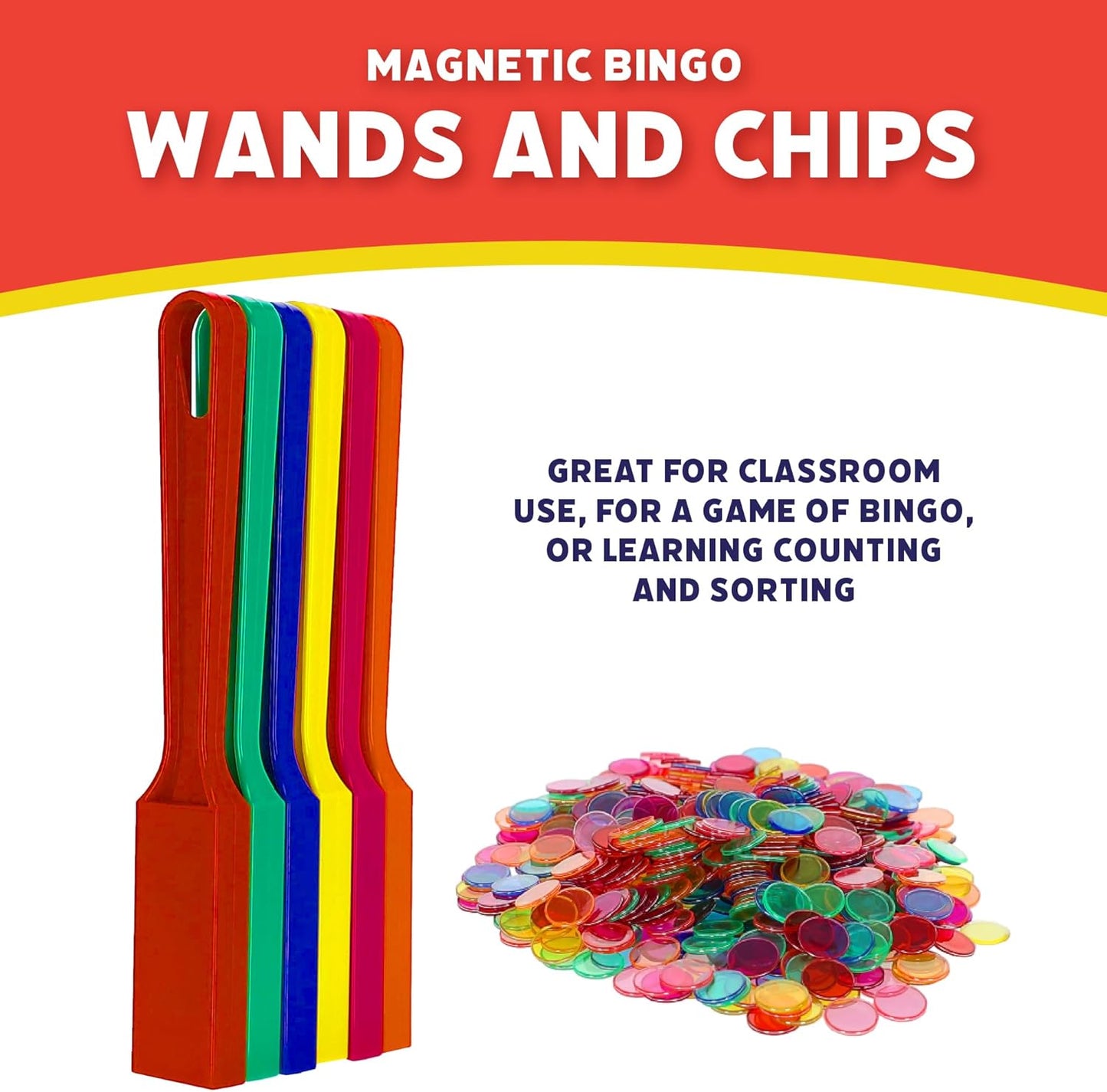 POPULAR PLAYTHINGS Magnetic Bingo Wands with 600 Metal Chips - 6 Colorful Wands Set for Classroom Games, Educational Activities, and Family Bingo Night