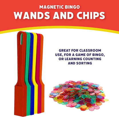POPULAR PLAYTHINGS Magnetic Bingo Wands with 600 Metal Chips - 6 Colorful Wands Set for Classroom Games, Educational Activities, and Family Bingo Night