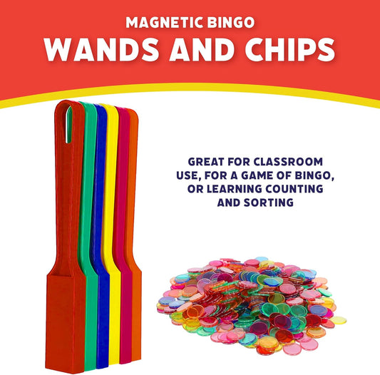 POPULAR PLAYTHINGS Magnetic Bingo Wands with 600 Metal Chips - 6 Colorful Wands Set for Classroom Games, Educational Activities, and Family Bingo Night