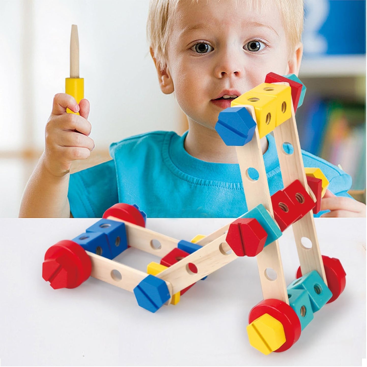 LOVELAND Wooden Nut & Bolt Building Toy for Kids Montessori STEM Construction Set with Tools, Educational Building Blocks for Toddlers Ages 3+ (Boys & Girls)