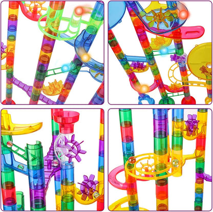 Meland Marble Run - 132Pcs Marble Maze Game Building Toy for Kid, Marble Track Race Set & STEM Learning Toys for Boy Girl Age 3 4 5 6 7 8 9+ (102 Translucent Marbulous Pcs & 30 Glass Marbles)