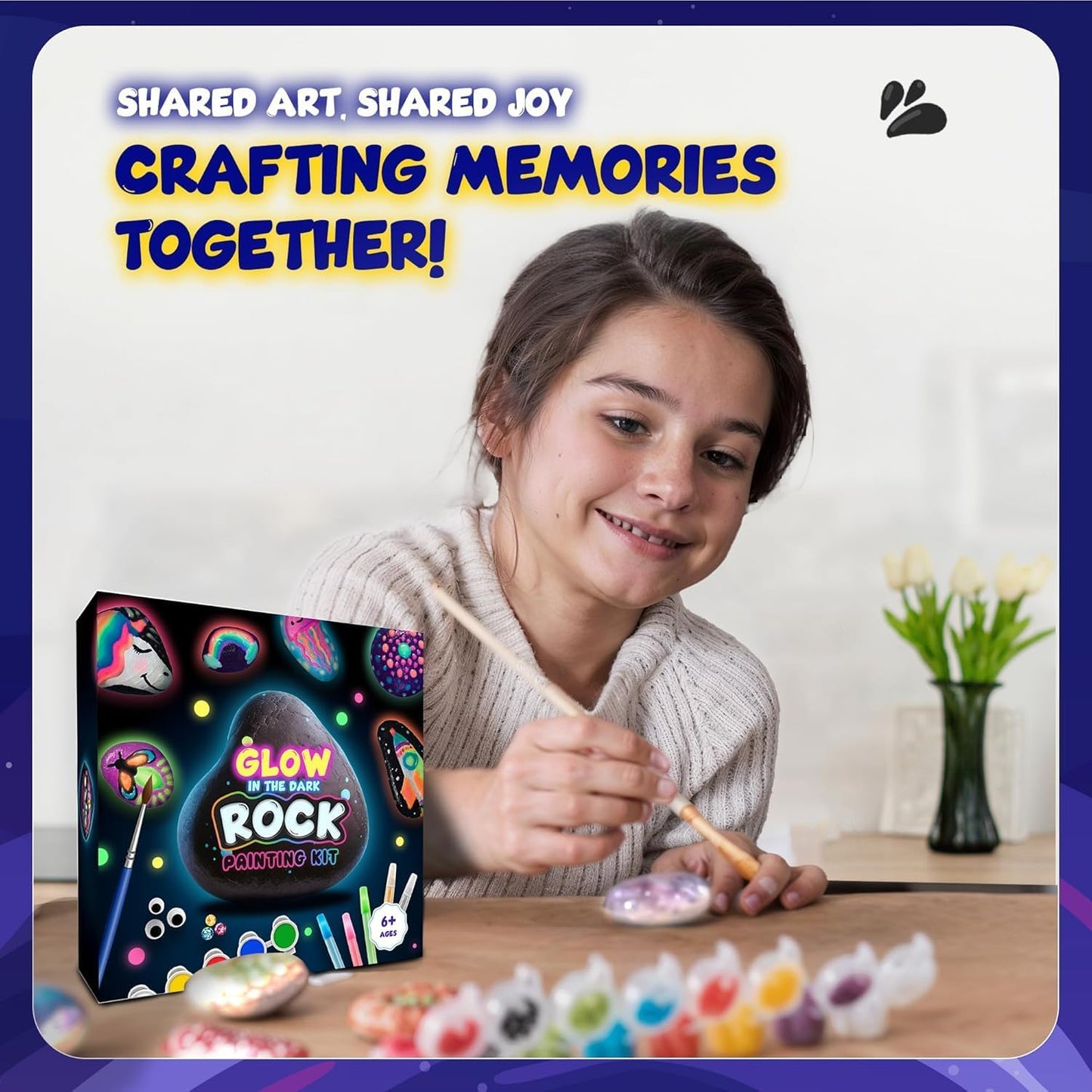 Rock Painting Kit for Kids 6-12 - 90+ Pcs Arts and Crafts Kit for Kids Painting - 10 White Rocks, 12 Paint Colors, Glitter Glue, Googly Eyes & More - Rock Art Supplies- DIY Arts & Crafts Easter Gifts