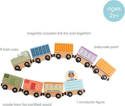 Pearhead Wooden Train Set for Toddlers – 10-Piece Magnetic Train Cars, FSC-Certified Wood, Montessori STEM Toy, Develops Fine Motor Skills, Compatible with Major Brands, Boys and Girls, Ages 2 3 4