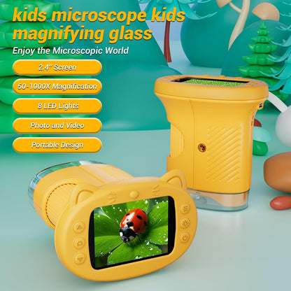 Kids Microscope: 1000X Handheld Pocket Microscope for Photo and Video Portable Science Kits STEM Toys – Christmas/Birthday Gifts for Girls & Boys Ages 3-12(Orange)