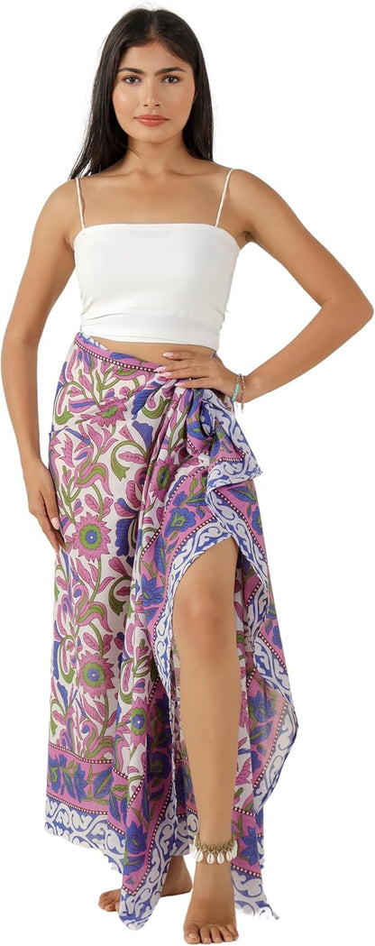 100% Cotton Sarong Cover Up for Women Indian Block Print Beach Wrap Skirt Long Boho Swimsuit Bikini Pareo (73” x 43”)