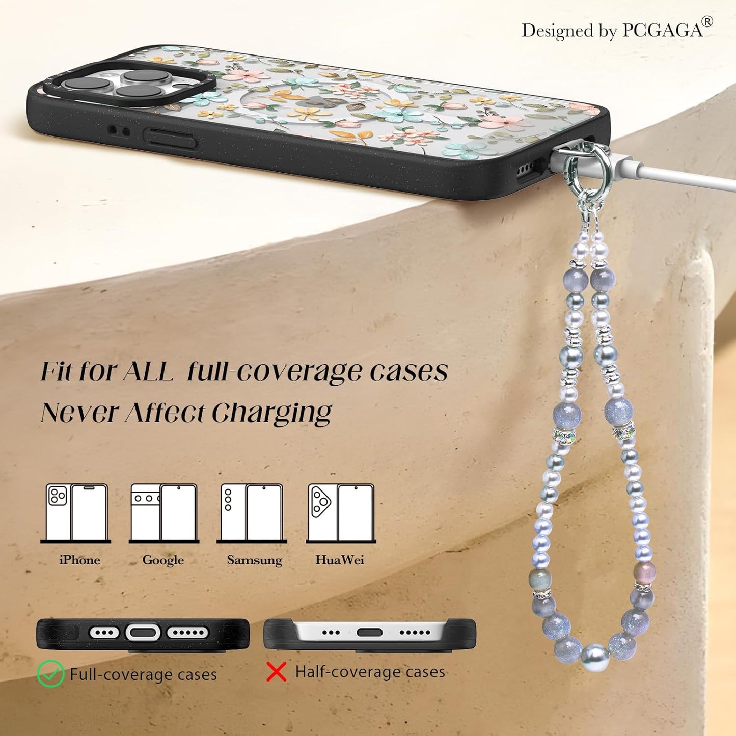 pcgaga Pearl Beaded Phone Charm, Phone Wrist Strap, Handmade Bracelet Straps, Anti-Lost Lanyard Wrist Chain for Airpods Women Girls Gift, Keychain etc (Gray Iceland)