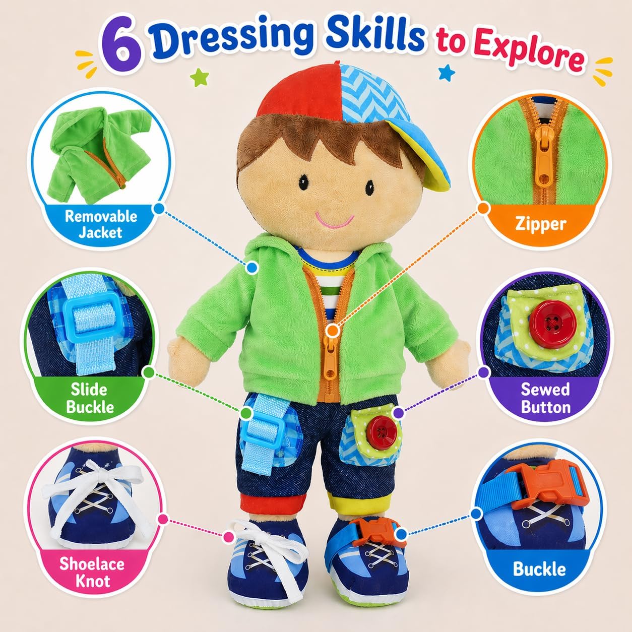 June Garden 16" Dressy Friends Bunnie - Educational Stuffed Plush Doll for Kids and Toddlers 2 Years and Up - Montessori Soft Toy Doll