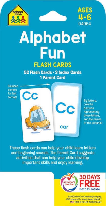 School Zone Alphabet Fun Flash Cards: 56 Cards, Preschool, Kindergarten, ABCs, Uppercase and Lowercase Letters, Spelling, Ages 4 to 6