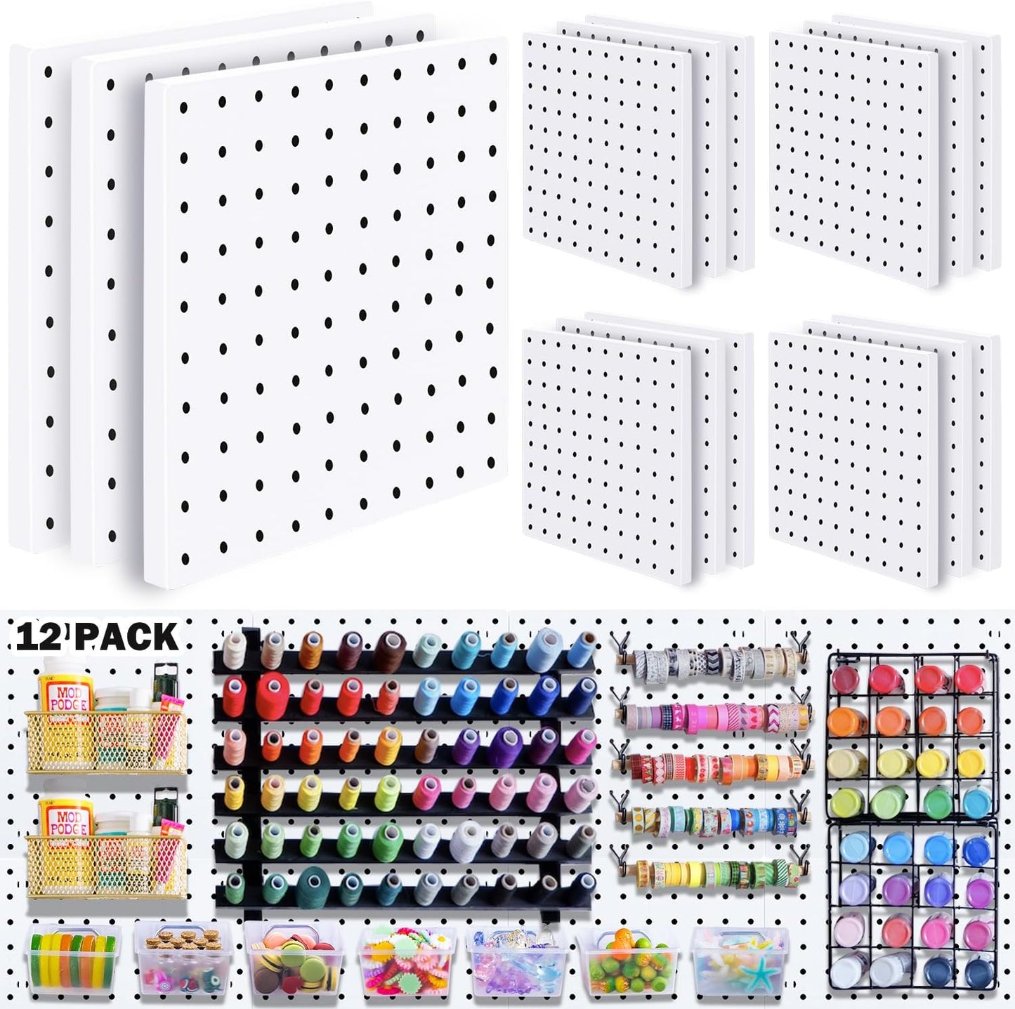 6Pcs Peg board, Pegboard Wall Organizer Panels, Wall Mount Display Small Pegboard Kits, Pegboard, Peg Boards for Wall Craft Room, for Kitchen, Garage, Workshop, Tool Accessories - White Pegboard