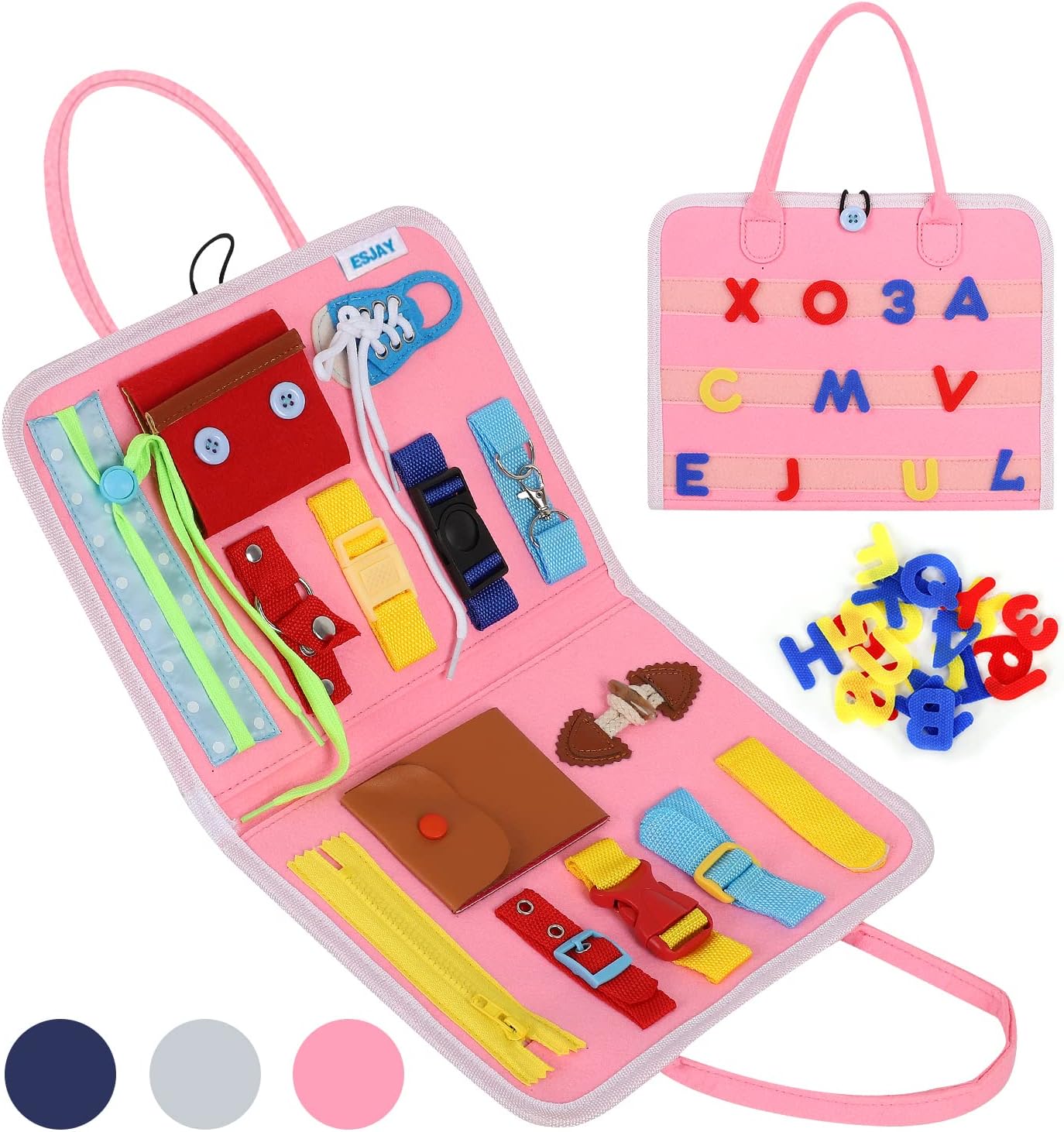 Esjay Toddler Busy Board Montessori Toys for Boys Girls, Sensory Book Educational Activities for Learning Fine Motor Skills, Birthday Gifts for Toddlers, Travel Toys for Airplane Car, White Dinosaur