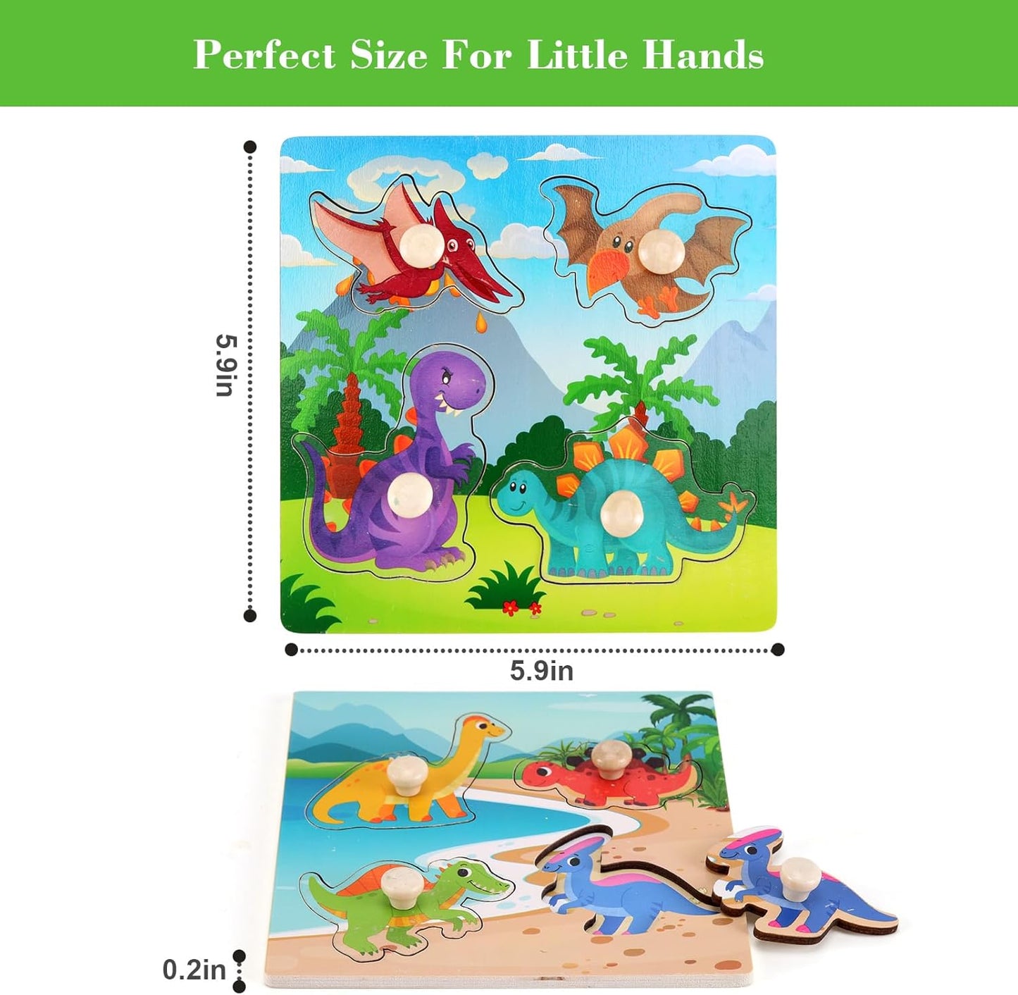 Wooden Peg Puzzles for Toddlers 1-3, Kids' Educational Preschool Peg Puzzle Toy, Set of 4 Toddler Puzzles - Farm, Dinosaur, Fruit and Marine Animals, Ideal Gift for Ages 1 2 3 Boys and Girls