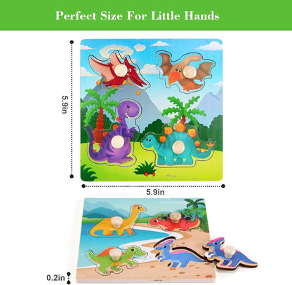 Wooden Peg Puzzles for Toddlers 1-3, Kids' Educational Preschool Peg Puzzle Toy, Set of 4 Toddler Puzzles - Farm, Dinosaur, Fruit and Marine Animals, Ideal Gift for Ages 1 2 3 Boys and Girls