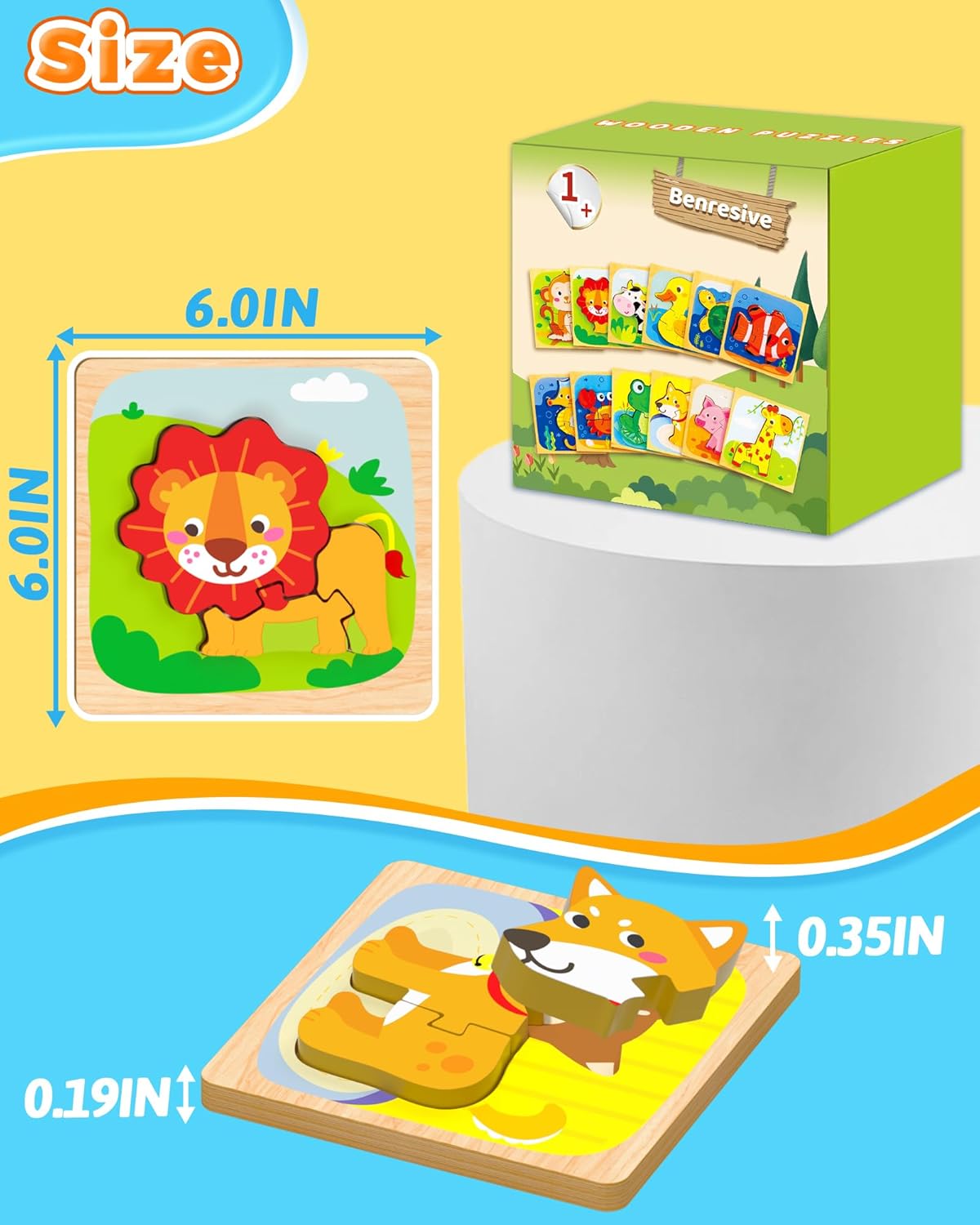 Benresive Wooden Toddler Puzzles, 6pcs Animal Montessori Toys for 1-3 Year Old Boys & Girls, Learning Educational Preschool Toys, Great Gifts for 1 2 3 Year Olds
