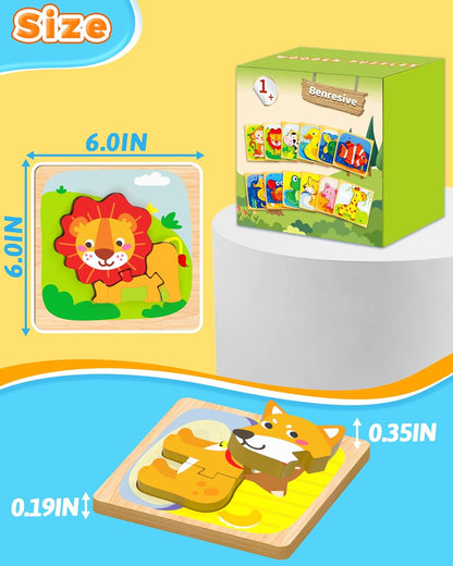 Benresive Wooden Toddler Puzzles, 6pcs Animal Montessori Toys for 1-3 Year Old Boys & Girls, Learning Educational Preschool Toys, Great Gifts for 1 2 3 Year Olds