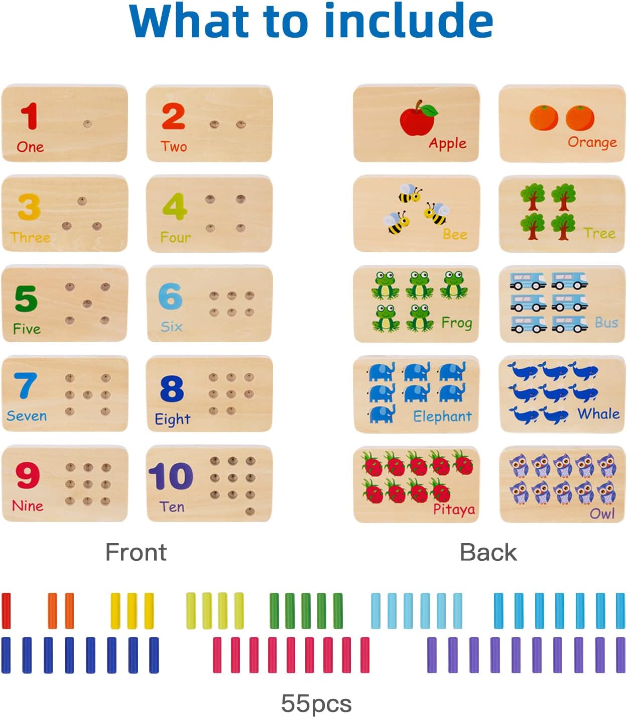 TOOKYLAND Peg Board Toddler Toys, Counting Wooden Toys with 55 Pegs, Wooden Math Manipulatives,Montessori Math and Numbers for Kids & Kindergarten Learning Activities