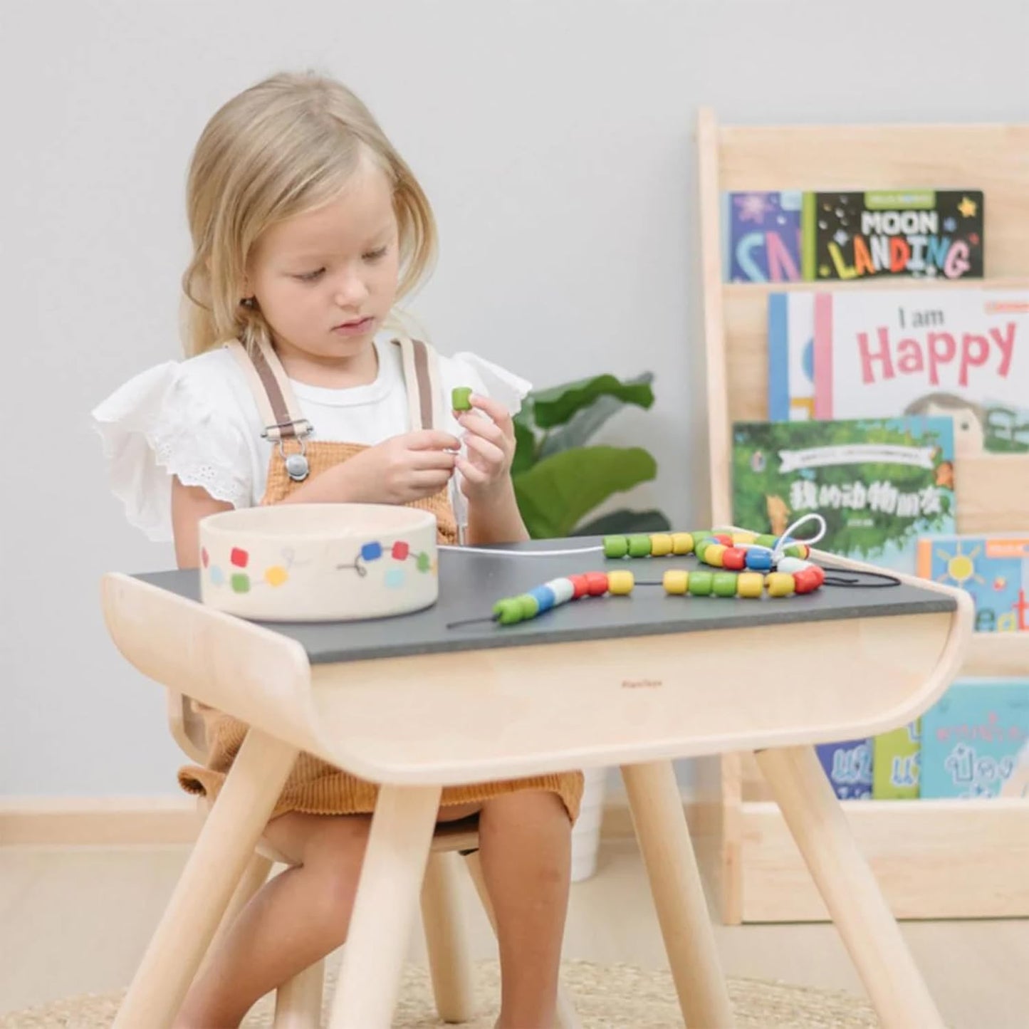 PlanToys® Threading Beads | Montessori Wooden Bead Stringing Toy for Toddlers 6M+ | Develops Fine Motor Skills, Hand-Eye Coordination & Sequencing | 60 Beads with 3 Strings & Storage Box