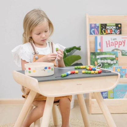 PlanToys® Threading Beads | Montessori Wooden Bead Stringing Toy for Toddlers 6M+ | Develops Fine Motor Skills, Hand-Eye Coordination & Sequencing | 60 Beads with 3 Strings & Storage Box