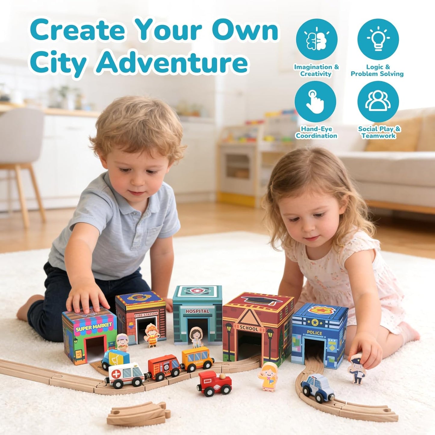 Wooden Train Set for Kids 3-7, Wood Train Tracks Complete Town Railway Playset with Matching Figures, Vehicles, Stacking and Nesting Blocks, Sorting & Stacking Toys Gifts for Boys Girls