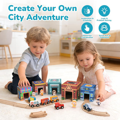 Wooden Train Set for Kids 3-7, Wood Train Tracks Complete Town Railway Playset with Matching Figures, Vehicles, Stacking and Nesting Blocks, Sorting & Stacking Toys Gifts for Boys Girls