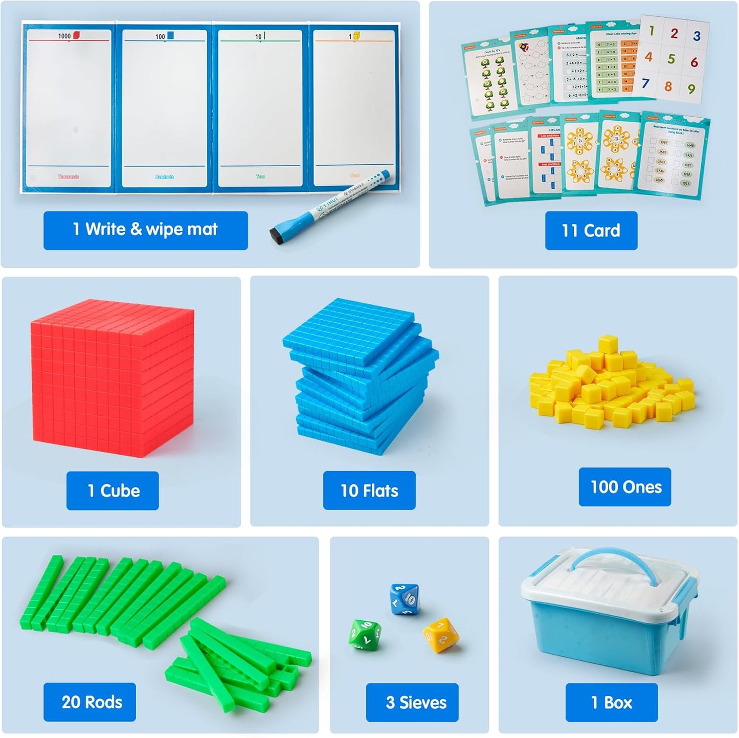 Base Ten Blocks Plastic 147 pcs Place Value Blocks with 3 dice CountingBlocks for Math Manipulatives Kindergarten Early Counting MathToy for 1st Grade Homeschool