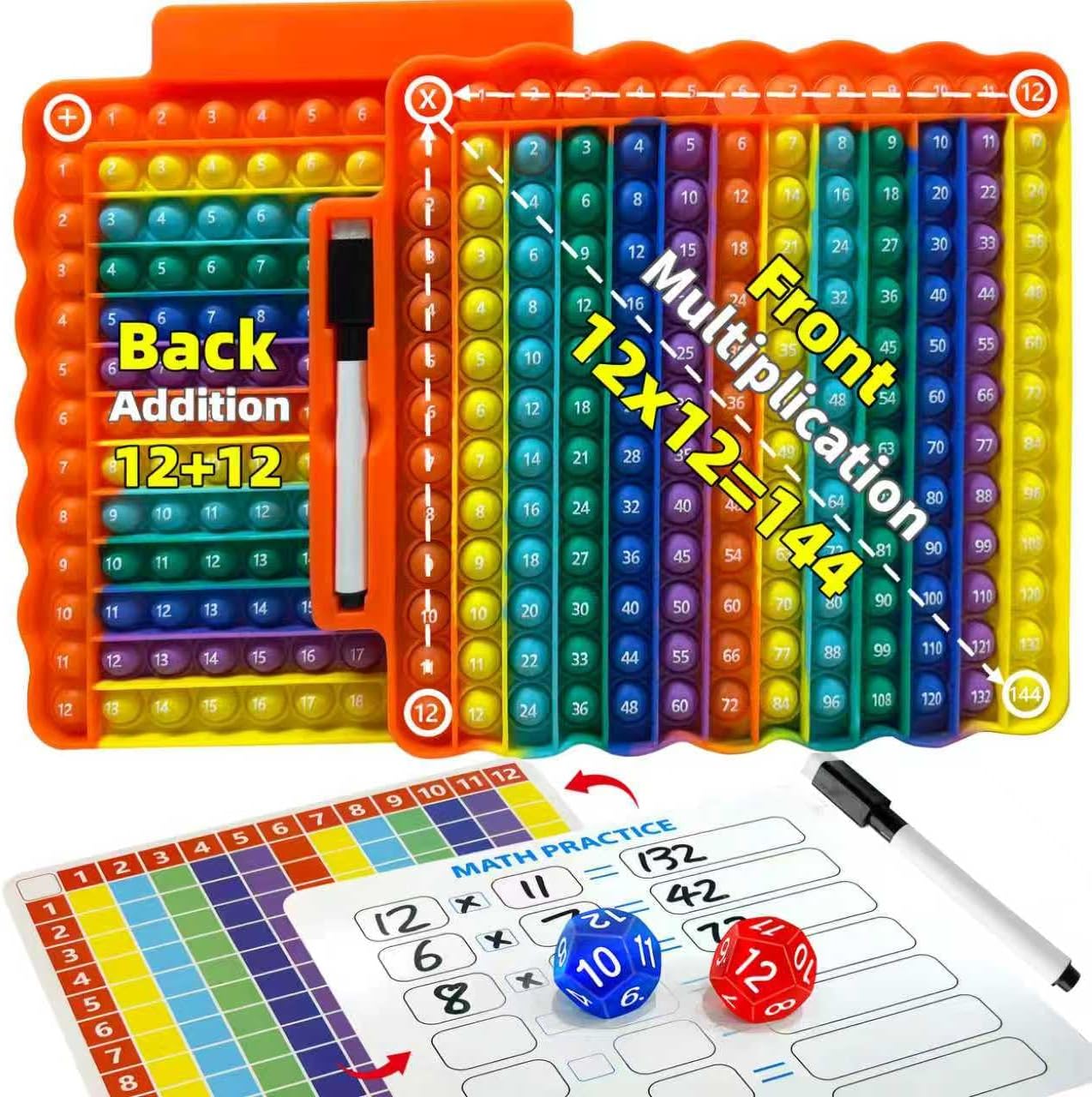 Multiplication & Addition Math Board with Dice, Reusable Writing Practice Board for Kids, Double-Sided 12x12 Times Table & Addition Learning Toy, Sensory Math Game for Classroom & Homeschool