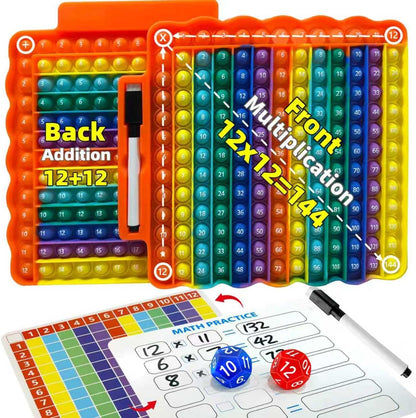 Multiplication & Addition Math Board with Dice, Reusable Writing Practice Board for Kids, Double-Sided 12x12 Times Table & Addition Learning Toy, Sensory Math Game for Classroom & Homeschool
