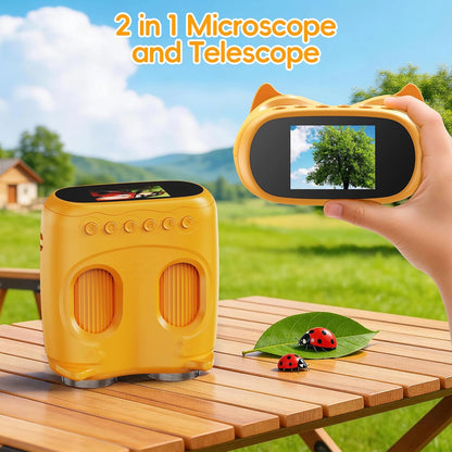 2 in 1 Kids Telescope Microscope, 1000X Digital Microscope, Portable Telescopes for Kids, 4K Discovery Microscope, Handheld Microscope STEM Gift for 3-12 Years Boys Girls（Yellow）