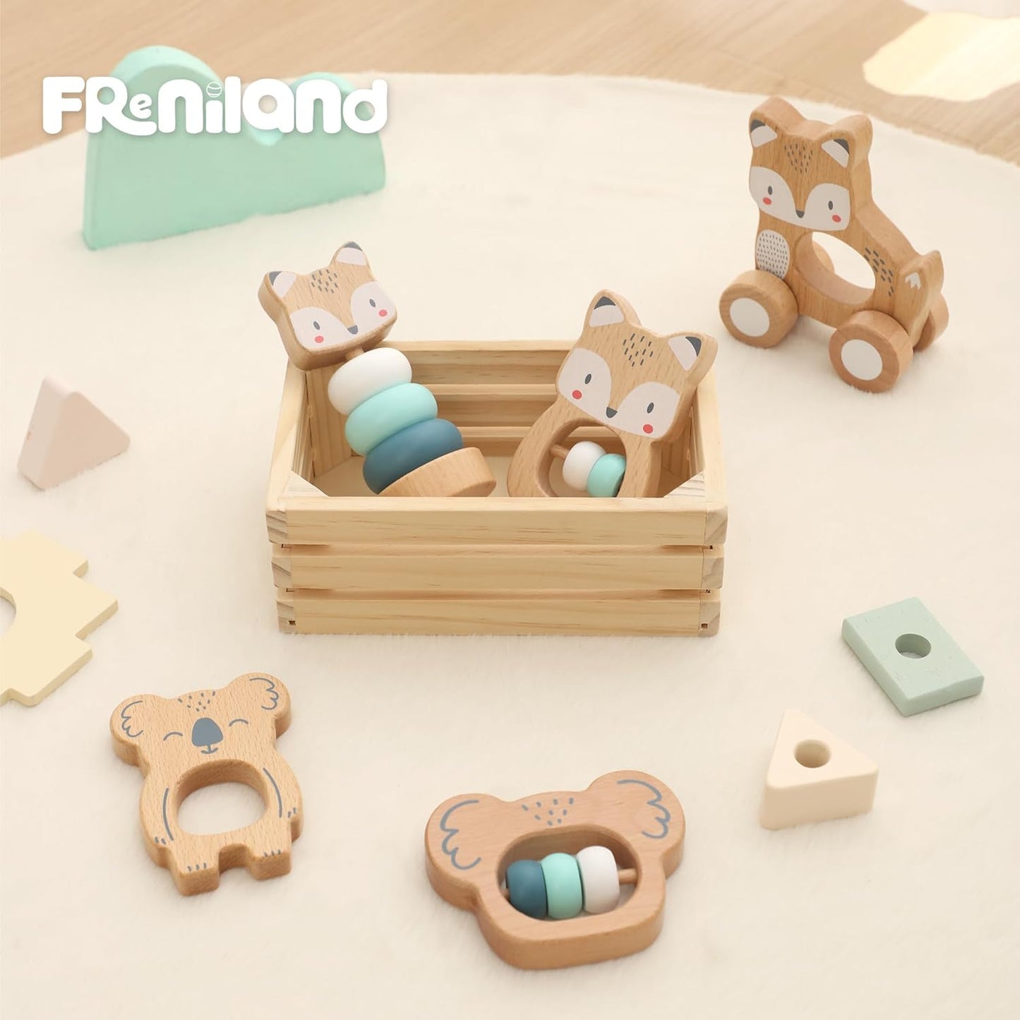 FReniland Wooden Montessori Baby Toys Set, 5-Piece Newborn Gift Set with Koala Rattle, Fox Stacking Rings & Push-Pull Toy for Boys and Girls