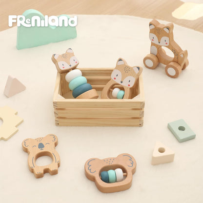 FReniland Wooden Montessori Baby Toys Set, 5-Piece Newborn Gift Set with Koala Rattle, Fox Stacking Rings & Push-Pull Toy for Boys and Girls
